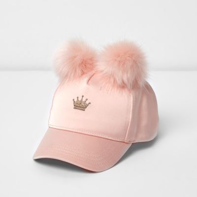 Mini girls pink pom pom crown cap